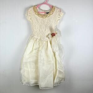 Vintage Color Box U.S.A. Girls Tulle Flower Bodice Short Sleeve Cream Dress 6
